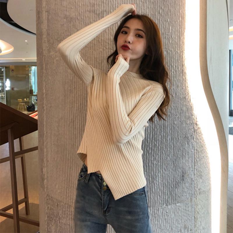 Pofulove Shirt with Irregular Sweater Women's Fashion Slim Long-sleeved Women  Knitted Bottoming