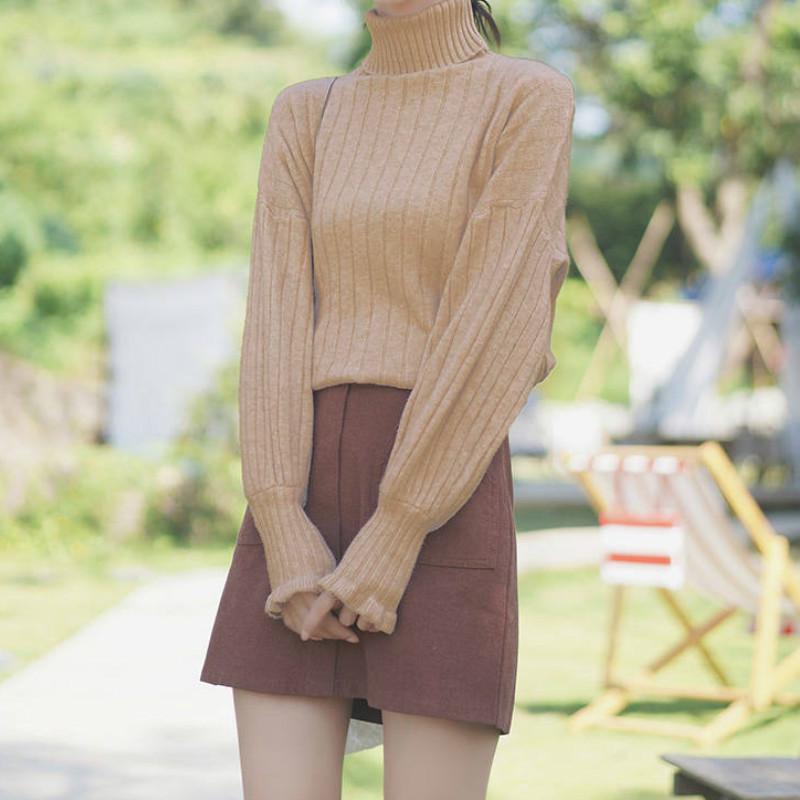 Thick Solid Color Inner Pull-up Turtleneck Sweater Women Lantern Sleeves Wild Knitted Top