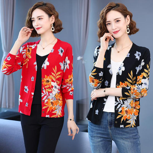 Autumn Winter Women's Printed Knitted Sweater Fashion V-neck Jacket Oversized Wool Cardigan