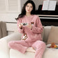 Coral Fleece Pajamas Women Autumn Winter Sleepwear Thick Warm Velvet Homewear Top and Pant Suit Cartoon Cute Nightwear O Neck Pullover Long Sleeve