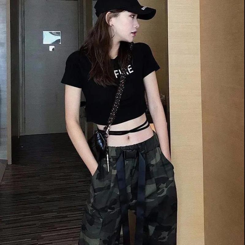 Spring and Summer Cotton Camouflage Overalls Women's High-waist Pants Loose and Thin Plus Size Casual