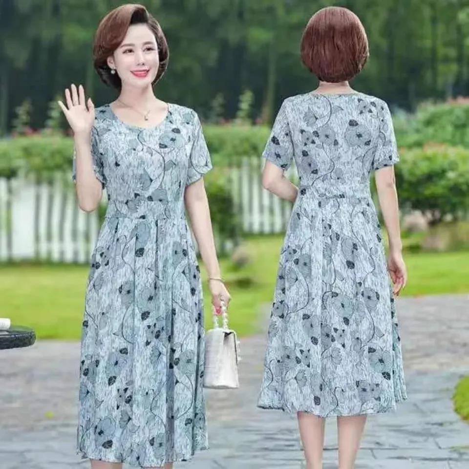 Women Summer Vintage Short Sleeve V-neck Casual Dress Elegant Slim High Waist Floral Printed Long Dress