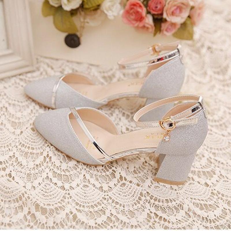 Spring  Summer Sandals Female Students Korean Version  Wild Thick Heels One-word Buckle  High Heels Mid-heel  Single Shoes
