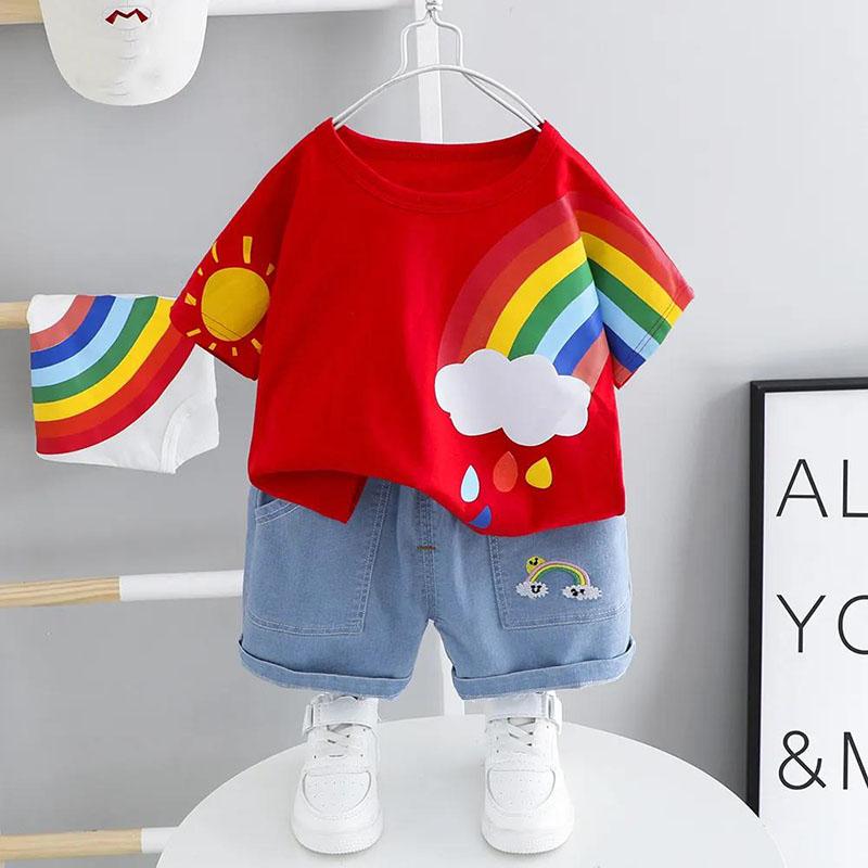 Children's Suit Summer Round Neck Short-sleeved T-shirt + Jeans Two-piece Sweet Rainbow Pattern Casual Suit
