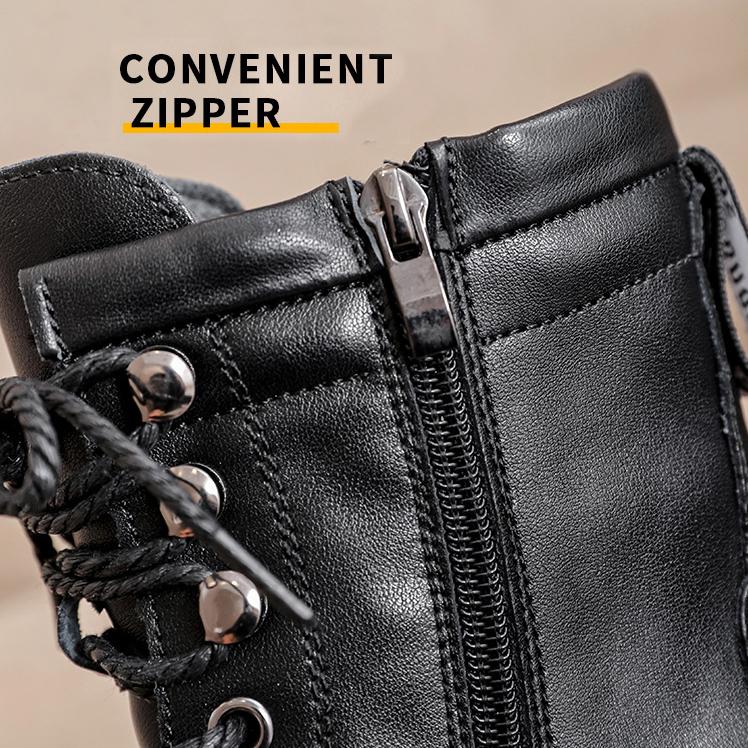 Leather Boots Women Winter Shoes Black Ankle Booties Platform Shoes Fashion Fall Shoes Flat Warm Fur Boots