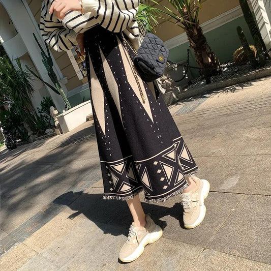 Autumn and Winter High Waist Retro Geometric Pattern A-line Skirt Female Ethnic Style Tassel Knitted Skirt Mid-length Exotic Style