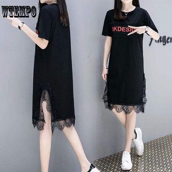 WTEMPO Version Lace Dress 2019 Summer Female Long Paragraph Large Size Loose Short Sleeve Dresses