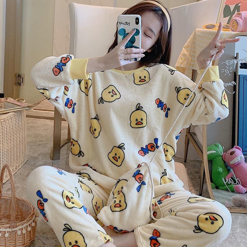 Ladies Autumn/winter Flannel Thickened Pajamas Cute Sweet Warm Coral Fleece Send Storage Bag Home Service