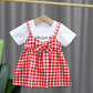 Children Dress Spring Summer Round Neck Kids Clothing Toddler Baby Girls Clothing Plaid Bow Pieated Short Sleeve Dress Girl
