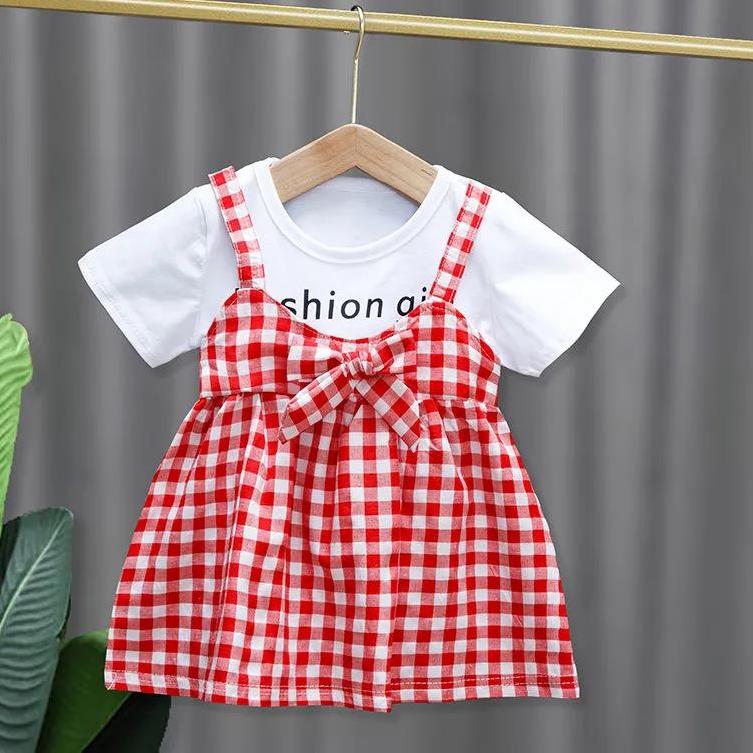 Children Dress Spring Summer Round Neck Kids Clothing Toddler Baby Girls Clothing Plaid Bow Pieated Short Sleeve Dress Girl