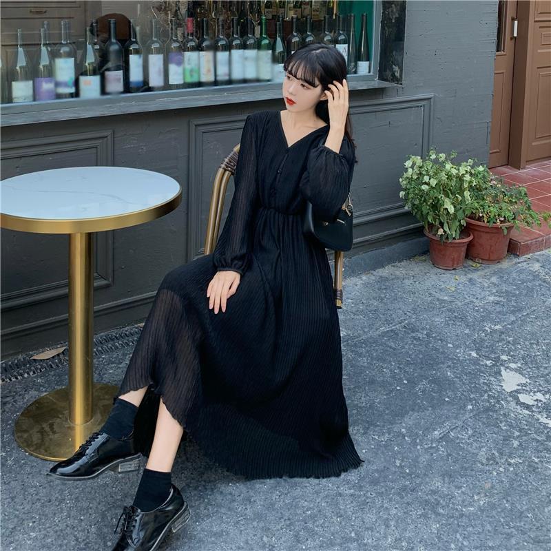 Spring Summer Women's Knee-length Dress French Gentle Wind V-neck Chiffon Solid Color Long-sleeved Dress