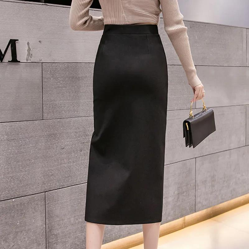 Half-length Skirt Female Summer Mid-length Bright Silk Stitching High Waist Bag Hip Skirt Black Professional Split One-step Skirt