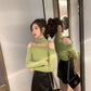 Pofulove Women Off-the-shoulder Half Turtleneck Shirt Mesh Stitched Sexy Knitwear Elastic Jumper