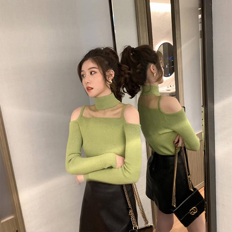 Pofulove Women Off-the-shoulder Half Turtleneck Shirt Mesh Stitched Sexy Knitwear Elastic Jumper
