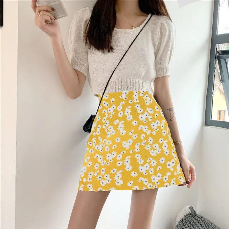 Wrinkled Chrysanthemum Chiffon Skirt Summer Women's Flower Printed Short Skirt A-line High Waist Retro Bag Hip Skirt Thin All Match Casual Mini Skirt