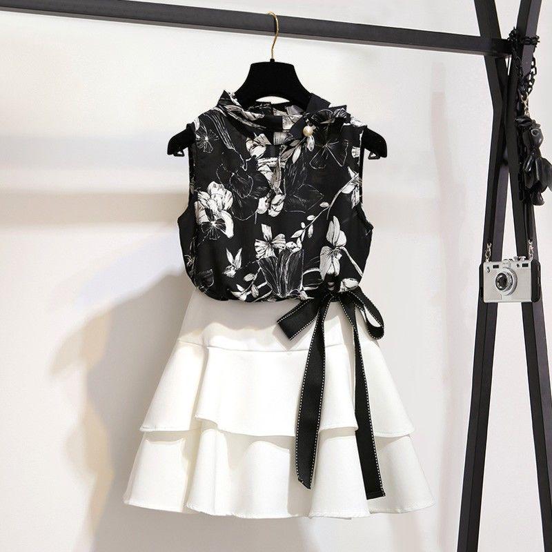 Pofulove Summer Skirt Set Sleeveless Mandarin Collar Blouse Shirt Ruffled Skirt Two-piece Suit Women