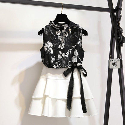 Pofulove Summer Skirt Set Sleeveless Mandarin Collar Blouse Shirt Ruffled Skirt Two-piece Suit Women