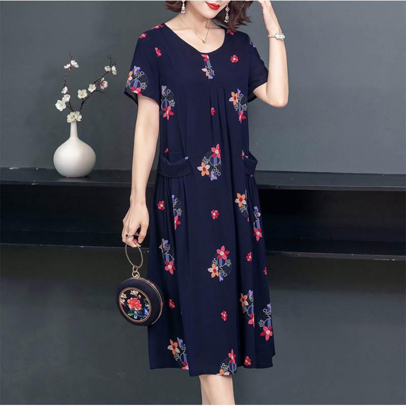 Mom Dress Cotton Silk Dress Large Size Covering Belly Short Sleeve Middle-aged and Older Women Fat People Floral Skirt