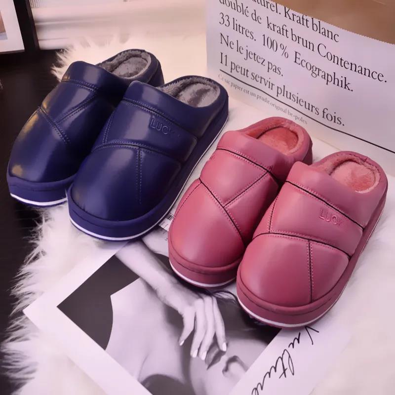 Waterproof Cotton Slippers Women Autumn and Winter PU Surface Soft Bottom Non-slip Couples Home Thick Bottom Solid Color Warm Cotton Slippers Men