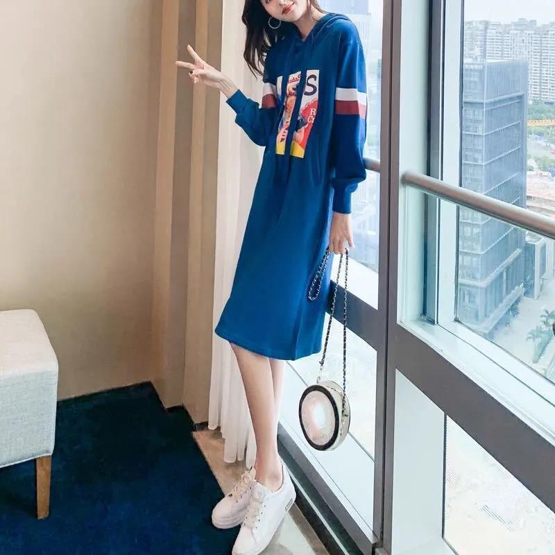S-XXXL Mid-length Sweater Dress Female Spring and Autumn Leisure Plus Size Hooded Long Sleeve Loose Dress