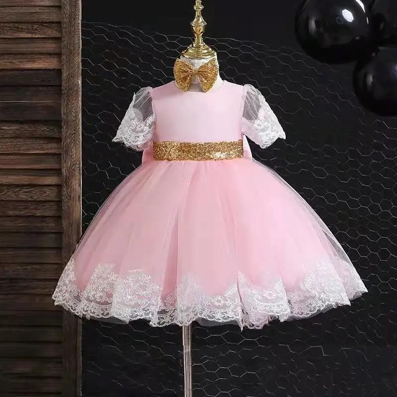 Temperament Girls Dress Skirt Lace Bow Dress Princess Skirt Round Neck Short Sleeve Lace Tutu Skirt Waist A-line Skirt Sweet Fairy Tale Skirt