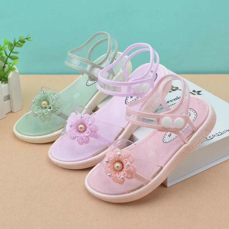 Girls Sandals Summer Flowers Children Princess Crystal Shoes Flat Non-slip Plastic Sandals for Students