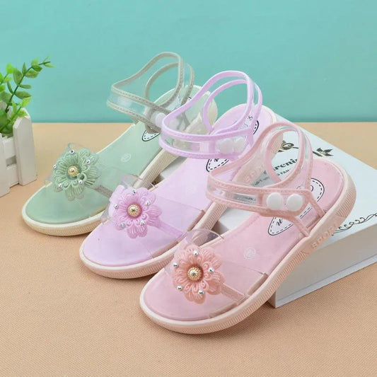 Girls Sandals Summer Flowers Children Princess Crystal Shoes Flat Non-slip Plastic Sandals for Students