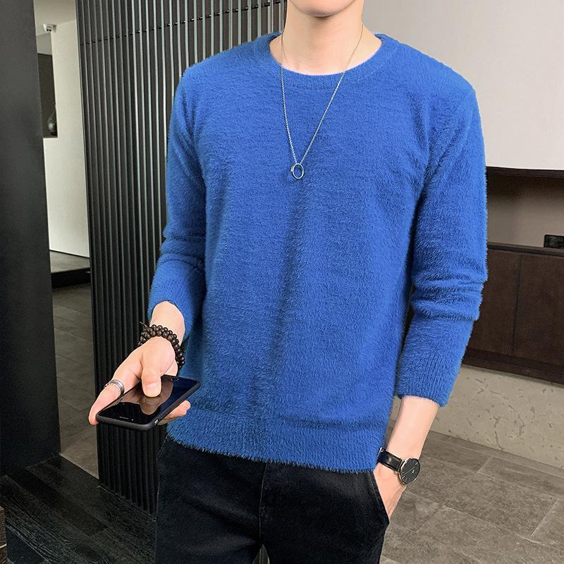 Fall/Winter Men's Sweater Base Sweater Imitation Mink Fleece Warm Knit Sweater Round Neck Pure Color Casual Loose Pullover