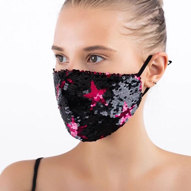 Women's Five-pointed Star Sequined Mask Cotton Breathable Washable Mask Shiny Sequins Luxury Windproof Dustproof Face Mask Female Face Mouth Cover