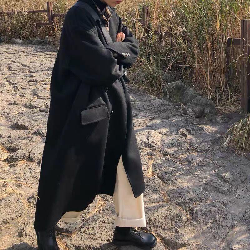 Winter Woolen Coat Women's Mid-length Black Western Style Loose and Thin Student Woolen Coat Women