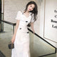 Butterfly Bubble Sleeve White Dress Female Summer Simple Elegant Slim Pleated Square Collar Long Dress