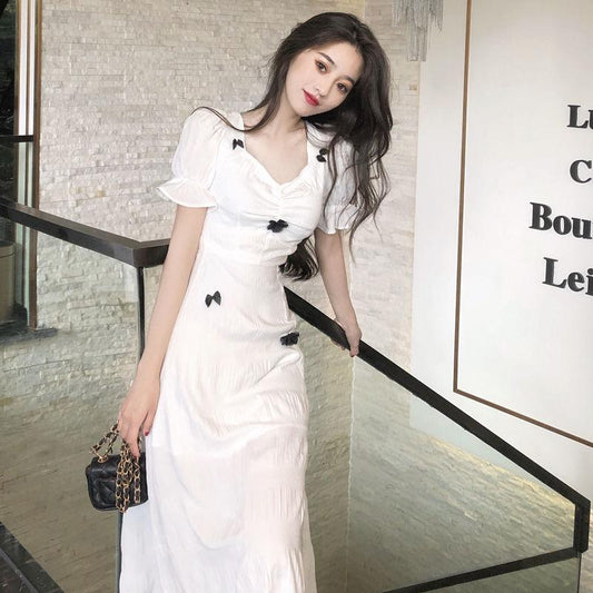 Butterfly Bubble Sleeve White Dress Female Summer Simple Elegant Slim Pleated Square Collar Long Dress