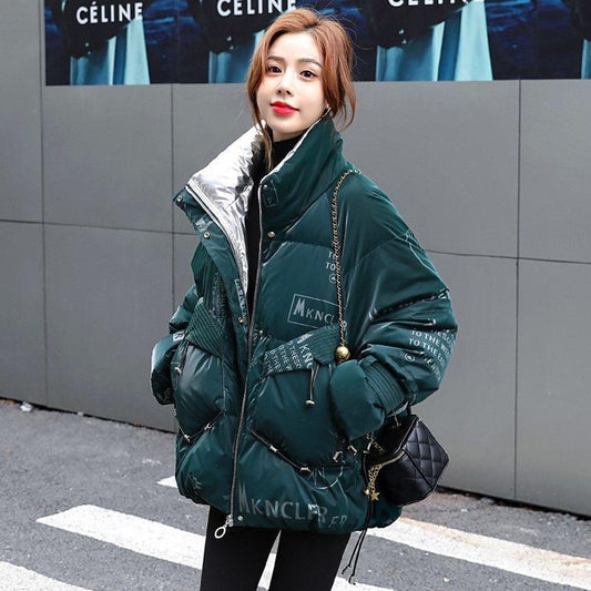 Winter Bright Face Loose Warm Bread Jacket Down Cotton Jacket Women Mid-length Winter Loose Stand-up Collar Thick Warm Cotton Jacket