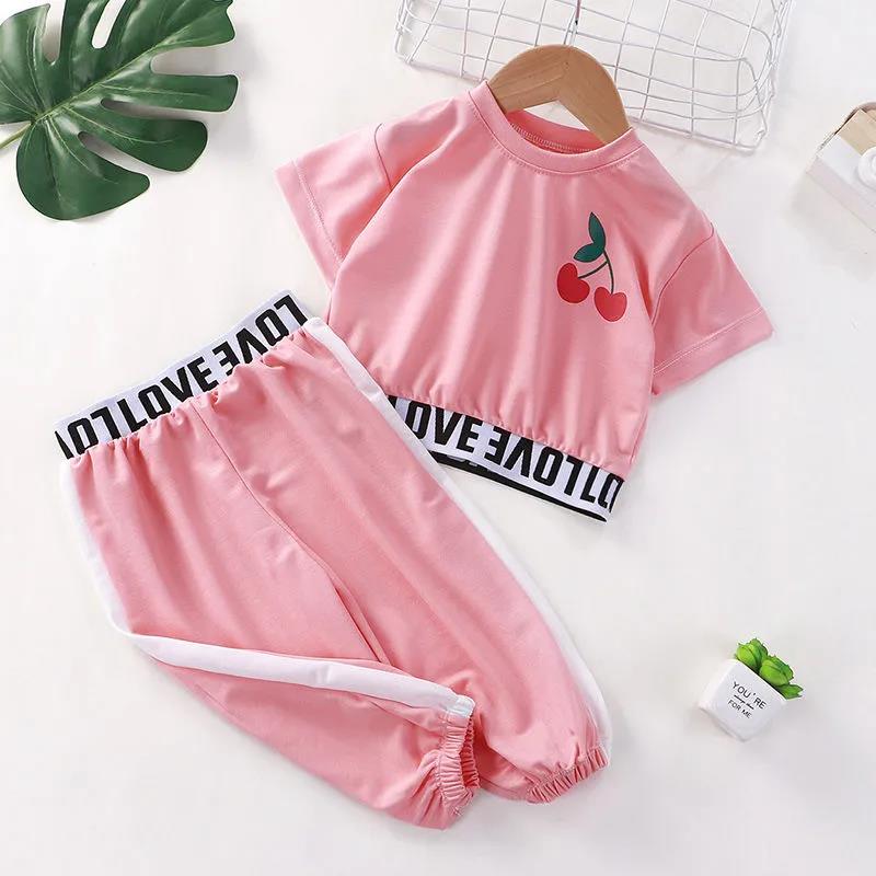 Two-piece Suit Children Clothing Set Girls Printing Letter Cherry Short Sleeve Tops + Pants Clothing Spring Summer