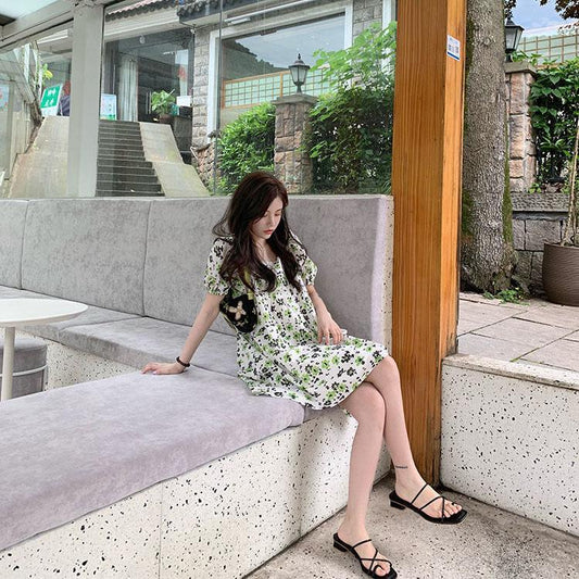 Female Vintage High Waist Super Fairy Holiday Dress Elegant Slim Chiffon Floral Print Short Dress