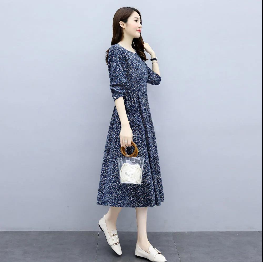 Women Floral Long Dress Casual Cotton Skirt Tight Waist Show Thin Bottom Dress Ethnic Long Sleeve Clothing