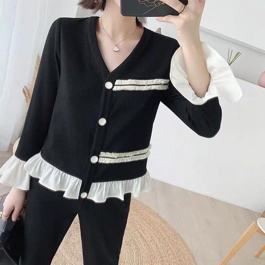 2pcs/set  Women's Knit Set Slim Ruffled Knitted Cardigan Top and Loose Knit Cropped Pant 2 Piece Set Elegant Outfits