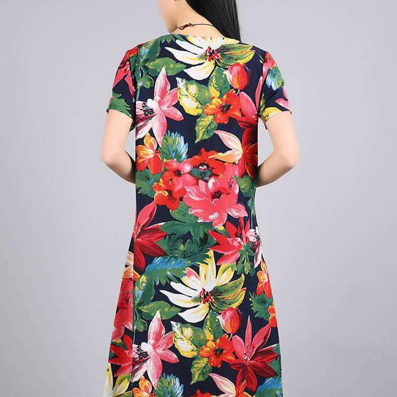 Women's Summer Short-sleeved Mid-length Dress Floral Round Neck Large Size Skirt