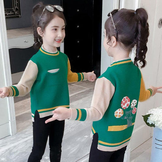 Autumn and Winter Padded Pullover Sweater for Middle and Large Children's Knitted Bottoming Shirt Color Matching Girls Top