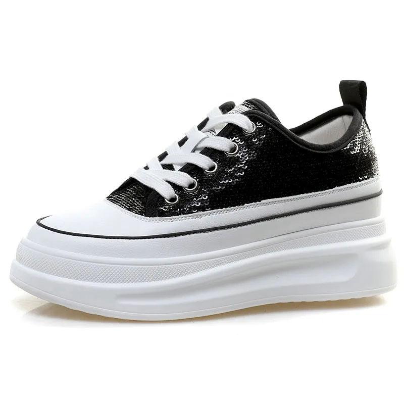 Women's Platform Shoes Sequined Shoes Leather Breathable Inner Increase White Shoes Casual Shoes Female Students' Thick-soled Shoes