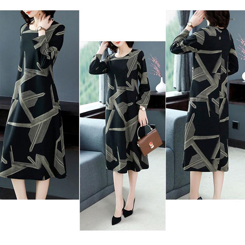 Large Size Long-sleeved Dress Women Spring and Autumn Mid-length Over-the-knee Bottoming Skirt Round Neck Print