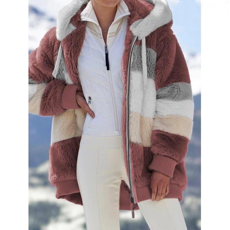 Women's Autumn and Winter Plush Warm Loose Hooded Jacket Plus Velvet Thick Women Multicolor Coat Girls Stripe Sleep Wear Big Size Plus Size S-5XL
