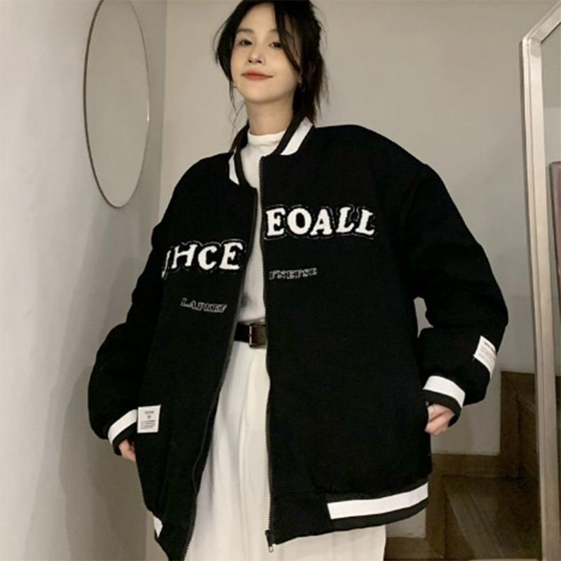 Baseball Uniform Jacket Women's Spring and Autumn Solid Color Outer Wear Casual Sports Loose Salt Fried Street Jacket Tide