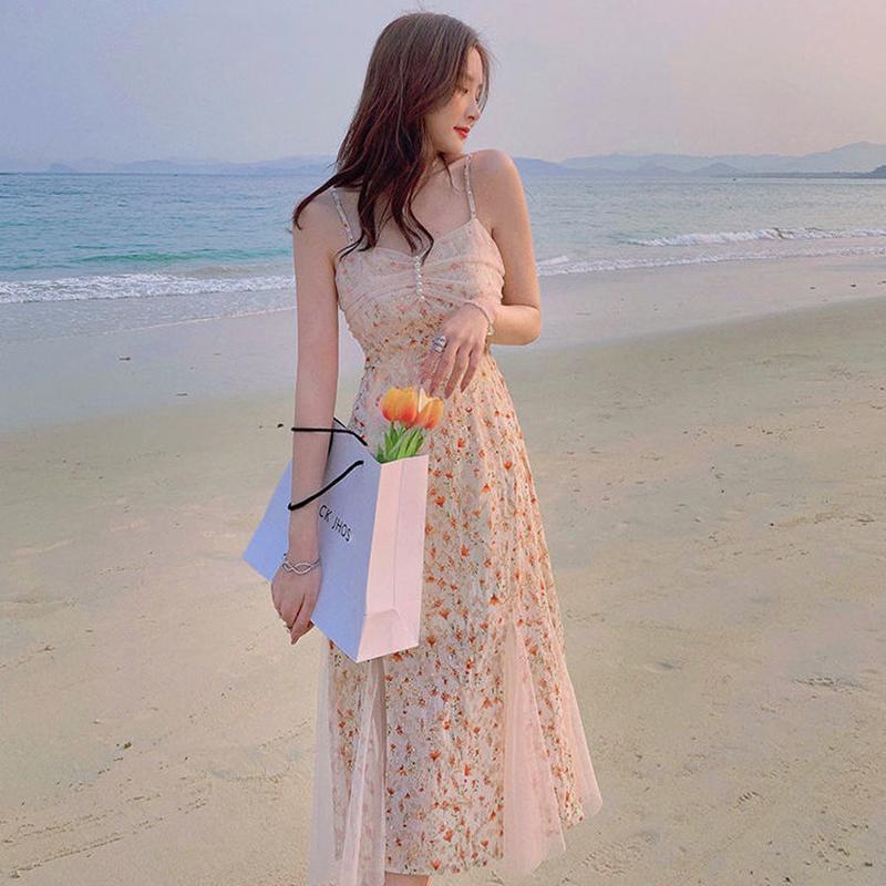 Floral Sling Dress Female Spring Summer Casual V-neck Sleeveless Mid-length Casual  Comfortable