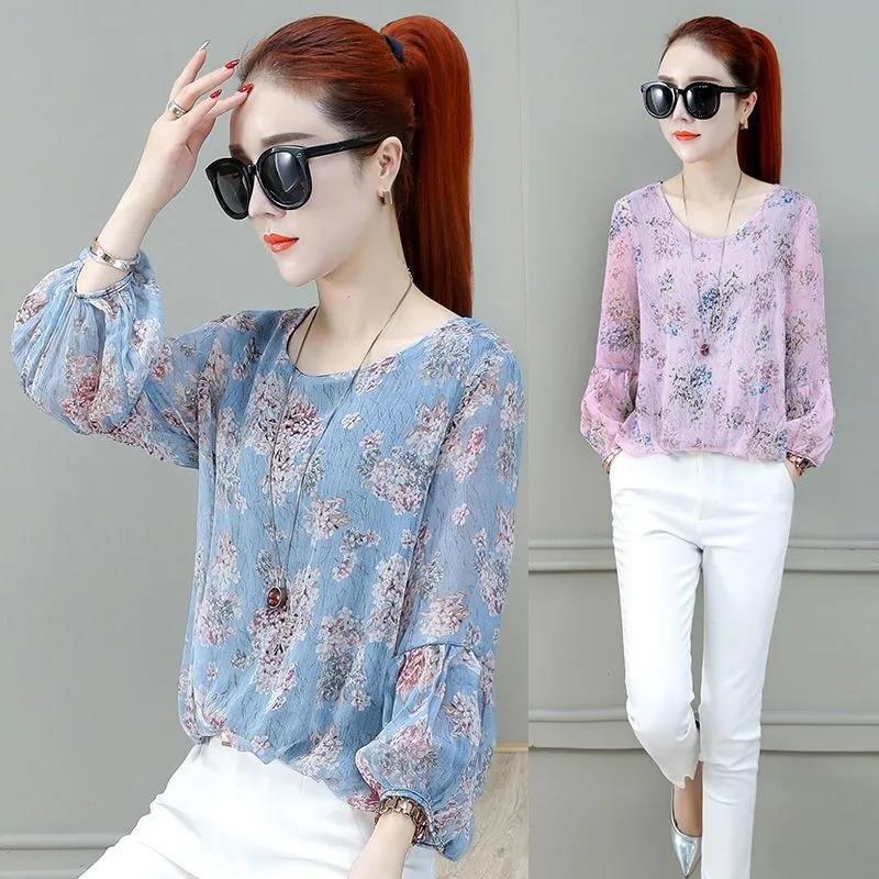 Women's Spring and Autumn Long-sleeved Chiffon Shirt Large Size Loose Floral Round Neck Top