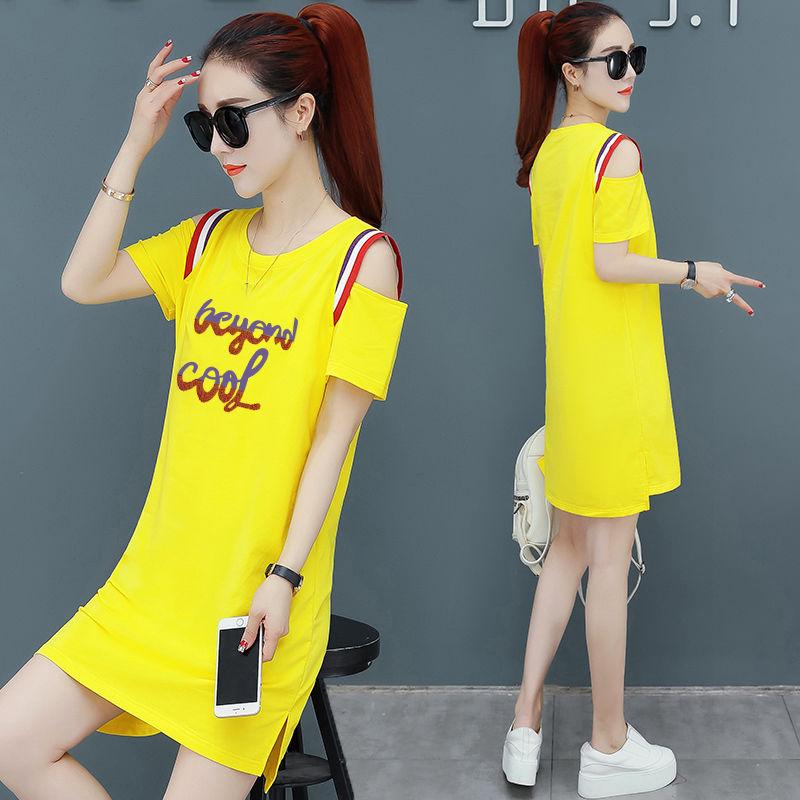 Cotton Mid-length T-shirt Women's Round Neck Short-sleeved Dress Loose and Thin T-shirt Skirt Round Neck Strapless Mid-length T-shirt Skirt Women