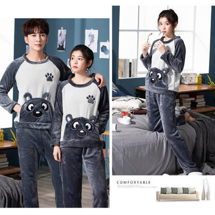 Cartoon Bear Couple Pajamas Suit Men Home Clothes Tops and Pants Ladies Winter Cashmere Warm Homewear