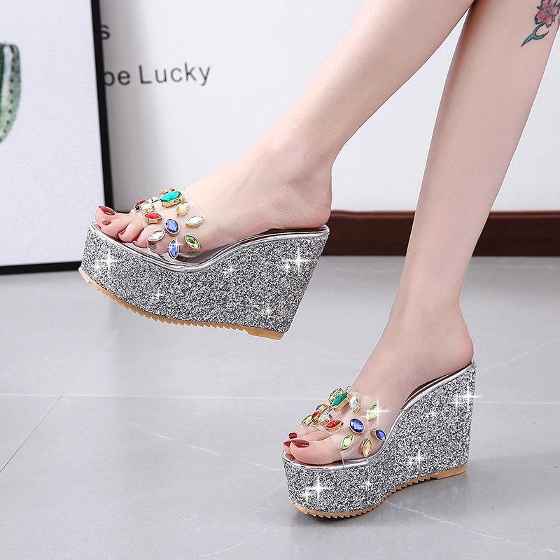 Slippers Women's Wedge Heel High-heeled Sandals  Slippers Women's Summer Super High-heeled Rhinestone Sequins Transparent Platform Slippers