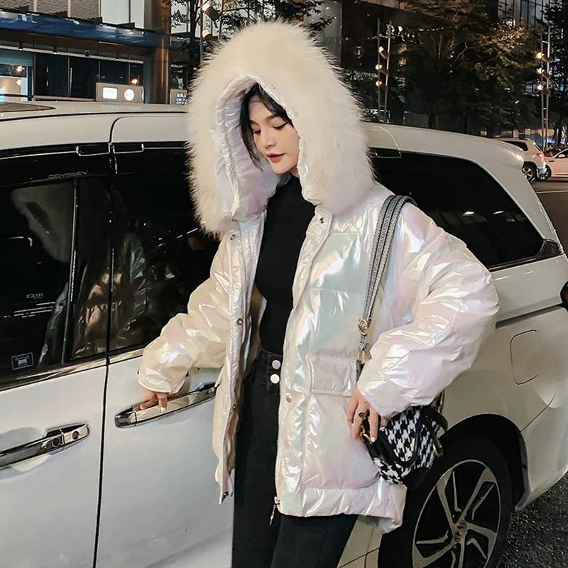 Women's Glossy Loose Down Jacket Mid-length Korean Thick Coat Warm Cotton Coat with Big Fur Collar Winter Quilted Jacket