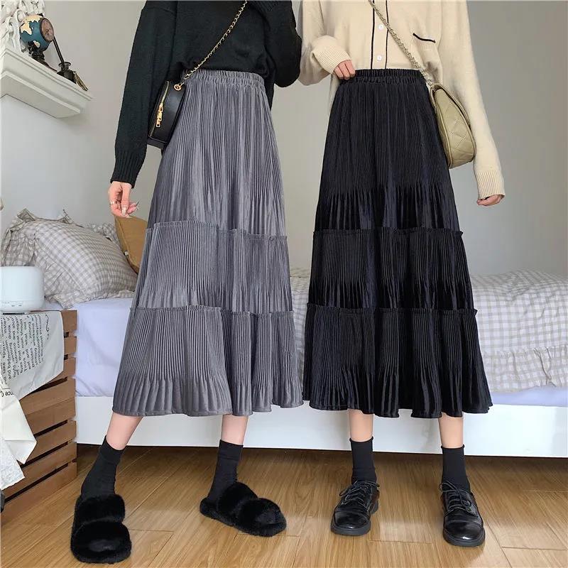 High Waist Gold Velvet Pleated Skirt Mid-length Long Skirt Solid Color All-match Skirt Autumn and Winter Female A-line Skirt